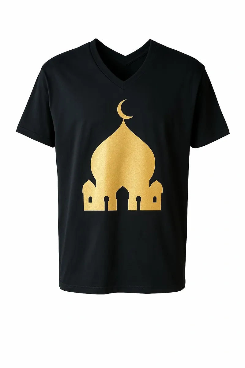 Black Islamic t-shirt with gold mosque silhouette and crescent moon design, Muslim faith graphic shirt for men and women, modest short sleeve Islamic apparel