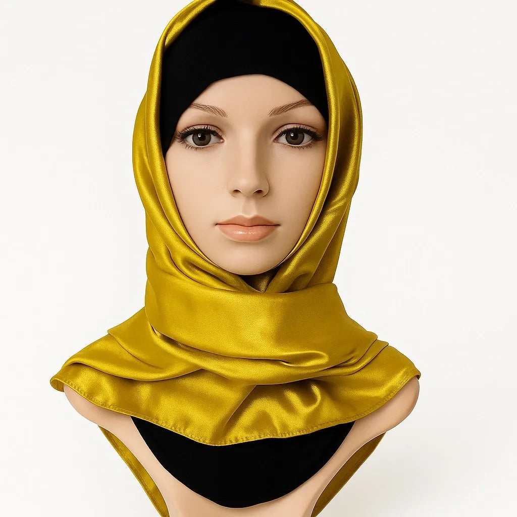 Gold satin square hijab silky smooth shiny fabric elegant modest headscarf lightweight Islamic scarf for women