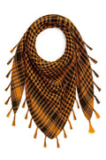 Golden mustard and black keffiyeh scarf with traditional woven pattern and tassel fringe, lightweight cotton blend keffiyeh headscarf for men and women
