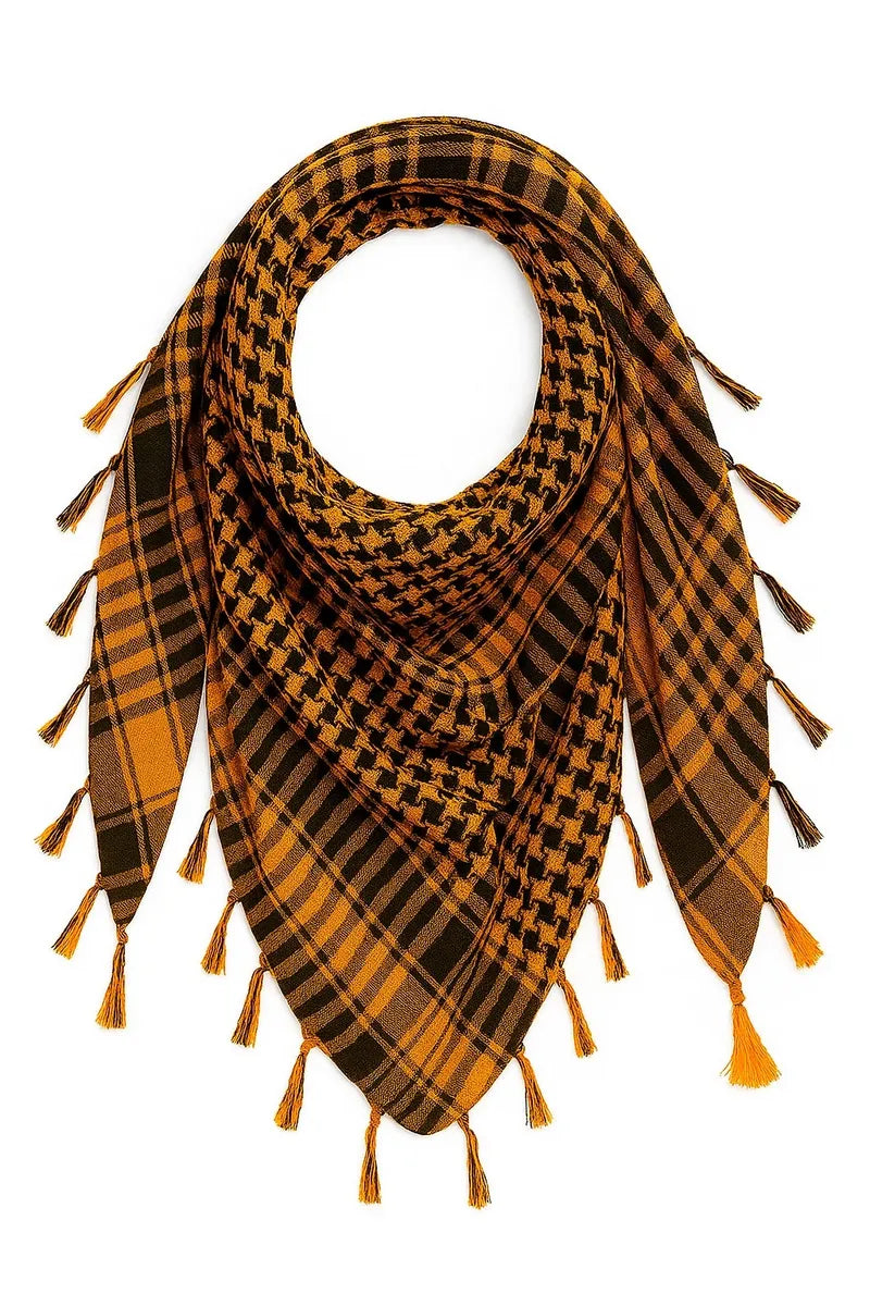 Golden mustard and black keffiyeh scarf with traditional woven pattern and tassel fringe, lightweight cotton blend keffiyeh headscarf for men and women