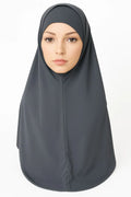 Gray 2-piece khimar hijab set in heavy jersey fabric with full drape coverage and stretch undercap, modest Muslim women headwear, long flowing khimar scarf for prayer, daily wear, and modest fashion styling