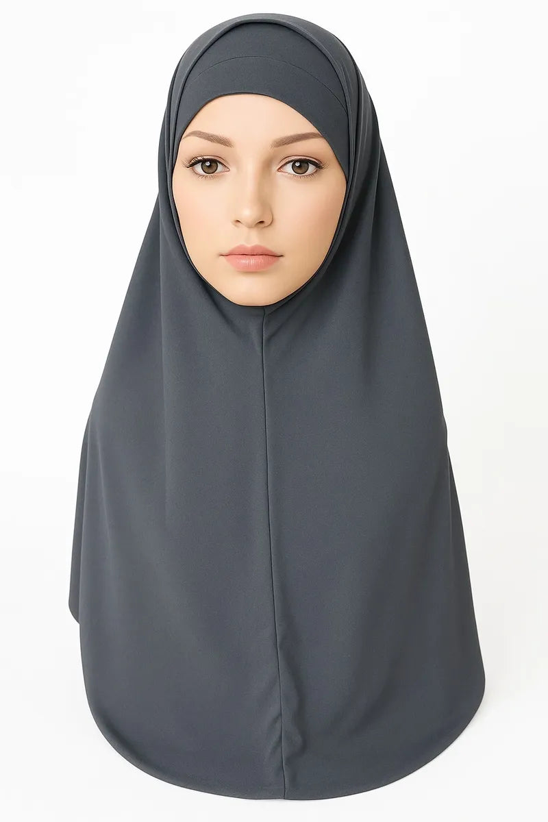 Gray 2-piece khimar hijab set in heavy jersey fabric with full drape coverage and stretch undercap, modest Muslim women headwear, long flowing khimar scarf for prayer, daily wear, and modest fashion styling