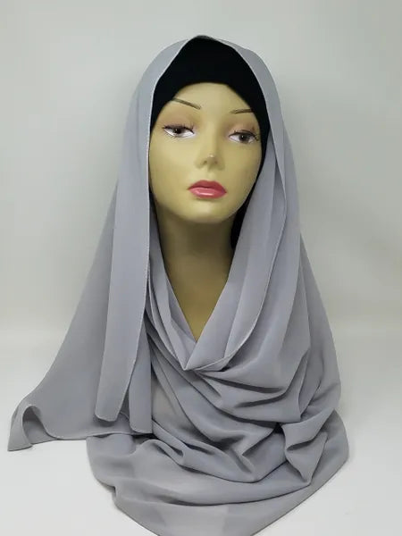 Gray chiffon hijab scarf for women, lightweight breathable sheer hijab, soft flowy modest headscarf, elegant gray chiffon hijab for everyday wear and prayer, long smooth drape scarf for modest fashion styling and comfortable all day use