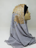 Light gray hijab scarf with gold beaded embroidery, elegant modest Muslim headscarf with decorative beadwork, long gray Islamic scarf for modest fashion from Affordable Hijab USA.
