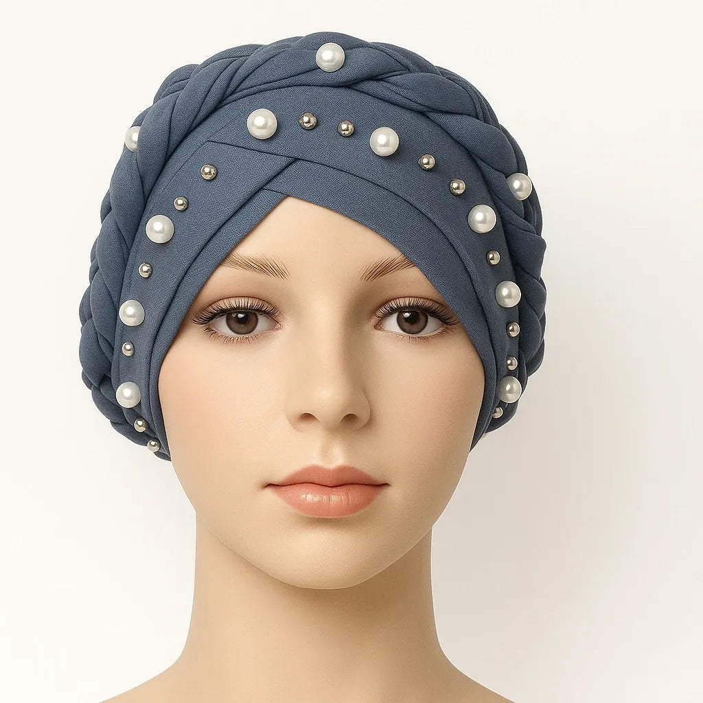 Gray pearl embellished turban cap for women, pre tied modest headwrap with bead details, elegant Islamic head covering, Affordable Hijab USA