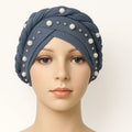 Gray pearl embellished turban cap for women, pre tied modest headwrap with bead details, elegant Islamic head covering, Affordable Hijab USA