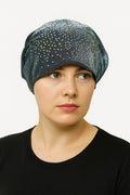 Gray rhinestone bun turban cap for women with sparkling crystal rhinestones on soft stretch fabric. Modest hijab headwear with built-in bun design for elegant styling, comfortable slip-on turban cap for prayer, everyday wear, formal events, and modest fashion outfits.
