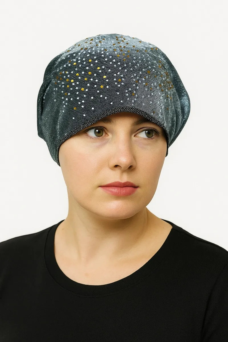 Gray rhinestone bun turban cap for women with sparkling crystal rhinestones on soft stretch fabric. Modest hijab headwear with built-in bun design for elegant styling, comfortable slip-on turban cap for prayer, everyday wear, formal events, and modest fashion outfits.