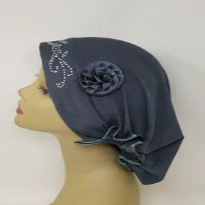 gray turban headwrap with rhinestone design and flower detail soft stretch fabric modest headwear for women elegant full coverage turban comfortable daily wear and special occasions