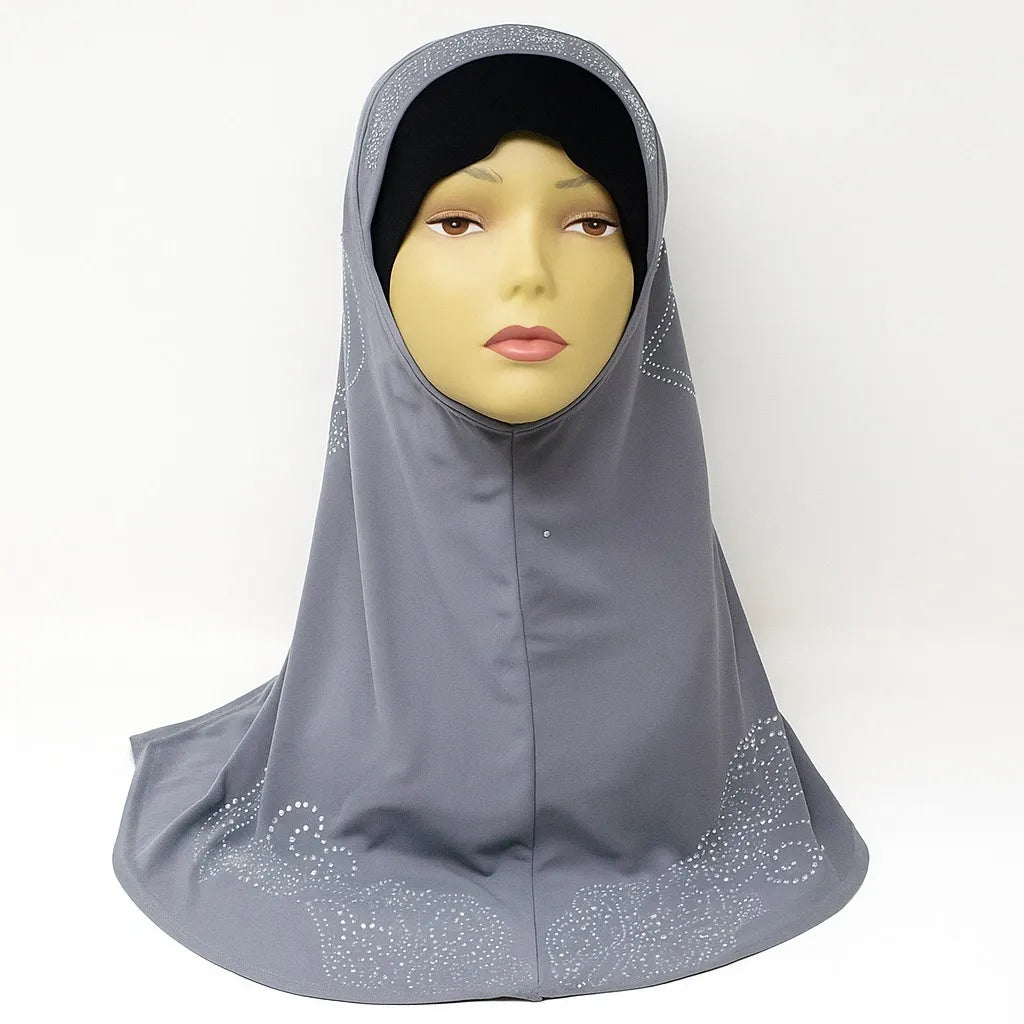 Gray one piece khimar hijab with rhinestones on the back and along the bottom edge, full coverage modest Muslim pull on hijab for everyday wear