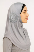 gray rhinestone one piece hijab for women ready to wear modest Muslim headwear pull on hijab with rhinestone flower detail