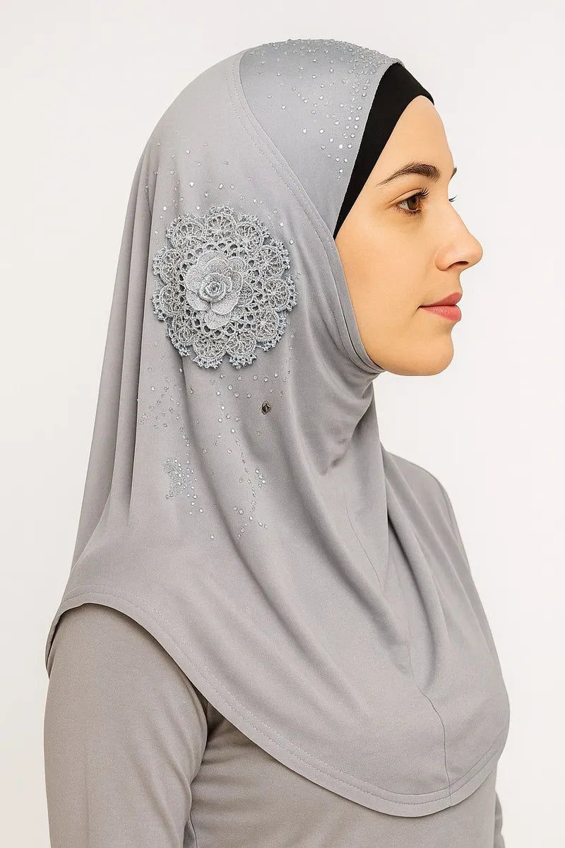 gray rhinestone one piece hijab for women ready to wear modest Muslim headwear pull on hijab with rhinestone flower detail