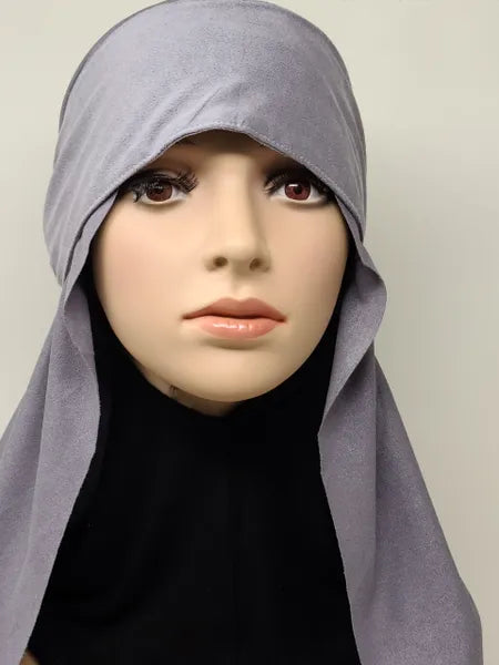Gray suede hijab on mannequin, soft full coverage modest headscarf for women, smooth drape fabric, everyday neutral Islamic scarf, Affordable Hijab USA