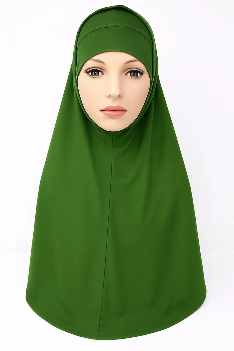 Green 2-piece khimar hijab set in heavy jersey fabric with full drape coverage and open ear hole design, modest Muslim women headwear, soft stretch fabric, long flowing khimar style scarf for everyday wear, prayer, and modest fashion styling