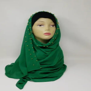 green hijab scarf with gold bead detailing soft fabric modest fashion head covering elegant full coverage style for women lightweight comfortable drape for everyday and special occasions