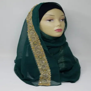 green hijab scarf with gold edge trim soft modest headscarf for women full coverage smooth fabric elegant deep green hijab modest fashion wrap