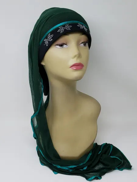 Green long wrap turban hijab with drape on mannequin, layered headwrap style, soft stretch fabric, modest turban hijab with long tail