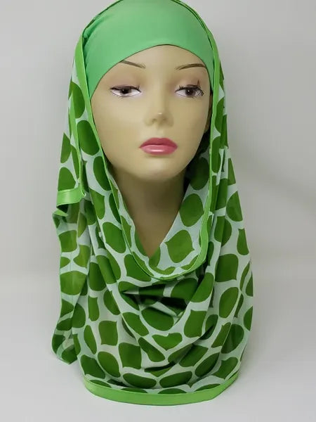 Green pattern attached hijab with under scarf attached to scarf, lightweight modest hijab scarf for women, easy slip-on style, breathable fabric, everyday wear, prayer hijab, instant hijab, full coverage headscarf