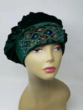 Green rhinestone turban for women with crystal front design, soft stretch headwrap turban, stylish modest headwear, elegant green turban cap for daily wear, breathable comfortable hair covering, fashion turban for women, luxury rhinestone headwrap, secure fit turban for hair protection and style