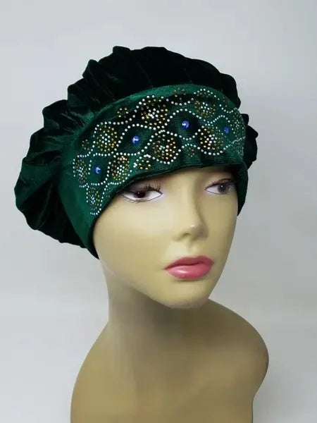 Green rhinestone turban for women with crystal front design, soft stretch headwrap turban, stylish modest headwear, elegant green turban cap for daily wear, breathable comfortable hair covering, fashion turban for women, luxury rhinestone headwrap, secure fit turban for hair protection and style