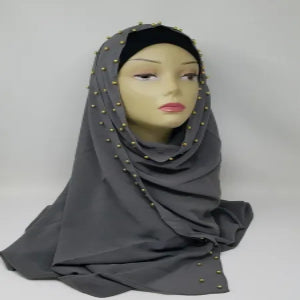 grey beaded chiffon hijab scarf lightweight breathable flowy fabric modest Muslim headscarf elegant drape hijab with bead detail full coverage stylish scarf for women