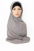 Grey chiffon hijab scarf for women, soft lightweight modest headscarf, breathable Muslim wrap, full coverage elegant drape, neutral everyday hijab for prayer, work, and special occasions