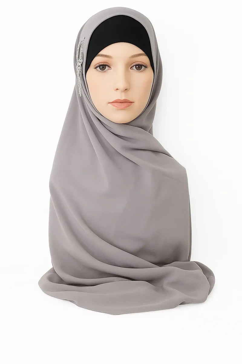 Grey chiffon hijab scarf for women, soft lightweight modest headscarf, breathable Muslim wrap, full coverage elegant drape, neutral everyday hijab for prayer, work, and special occasions