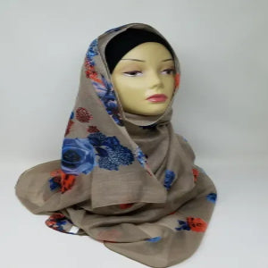 grey floral hijab soft lightweight modest Muslim headscarf comfortable everyday scarf simple flower print full coverage hijab for women