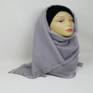 grey hijab scarf with gold bead detailing soft fabric modest fashion head covering elegant full coverage style for women lightweight comfortable drape for everyday and special occasions