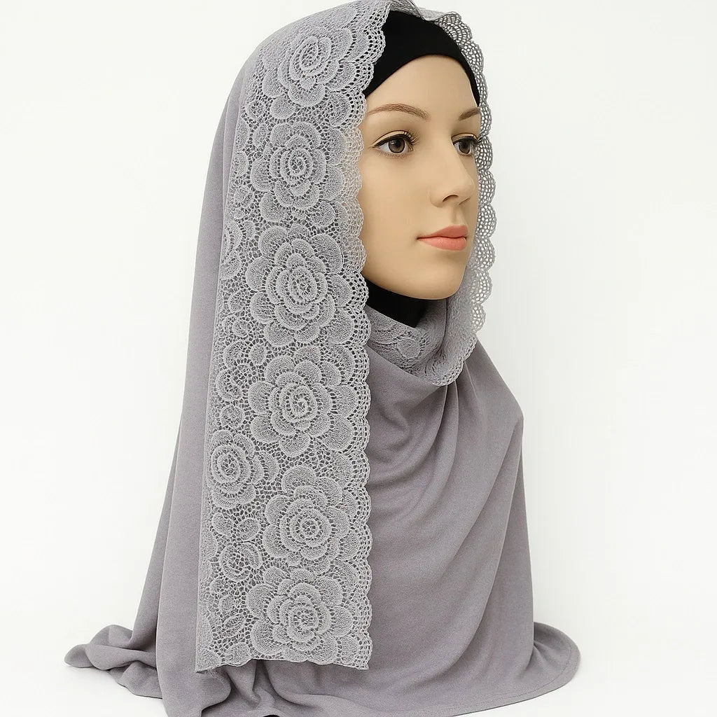 Grey jersey hijab scarf with lace trim edge, soft stretch modest headscarf for women, breathable Islamic hijab with elegant lace border, full coverage everyday modest wear