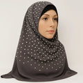 Grey chiffon hijab with pearl bead detailing, charcoal modest headscarf for women, lightweight breathable Muslim hijab scarf with elegant pearl embellishments for Eid, weddings, and formal occasions