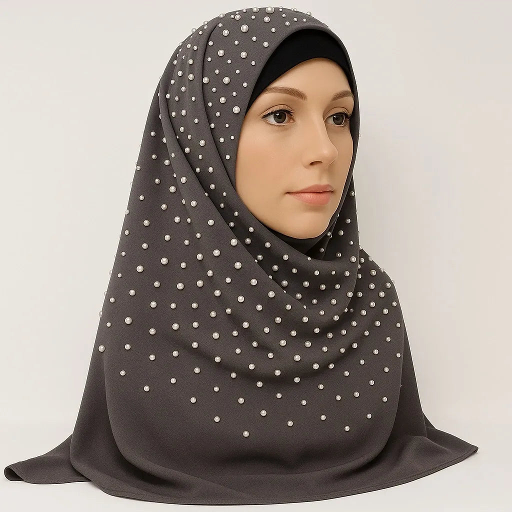Grey chiffon hijab with pearl bead detailing, charcoal modest headscarf for women, lightweight breathable Muslim hijab scarf with elegant pearl embellishments for Eid, weddings, and formal occasions