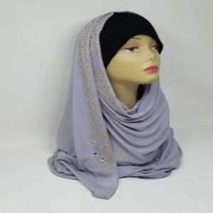 grey rhinestone jersey hijab soft stretch fabric modest headscarf elegant sparkle hijab full coverage breathable comfortable Muslim scarf everyday wear