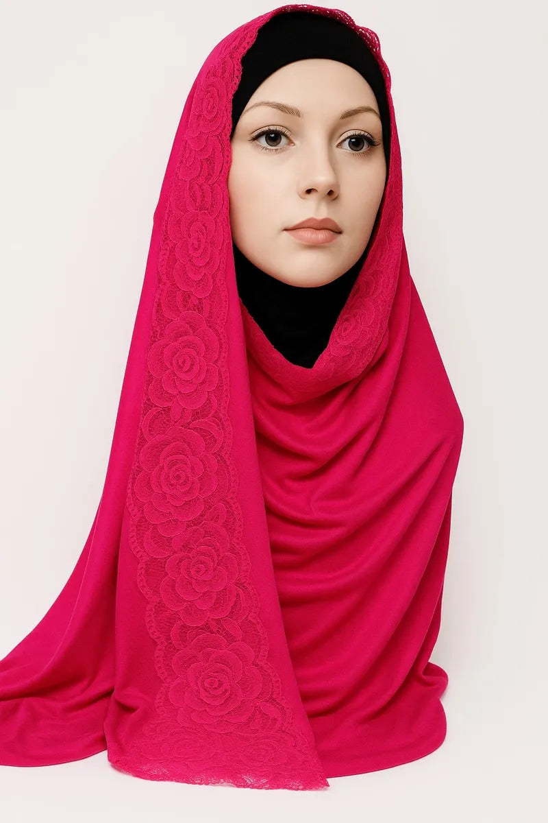 Hot pink jersey hijab scarf with lace trim edge, soft stretch modest headscarf for women, breathable Islamic hijab with elegant lace border, full coverage everyday modest wear