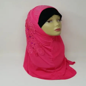 Hot pink one piece hijab with rhinestone side design, full coverage modest headscarf, soft draped fabric, bold ready to wear hijab for daily wear, parties and special occasions