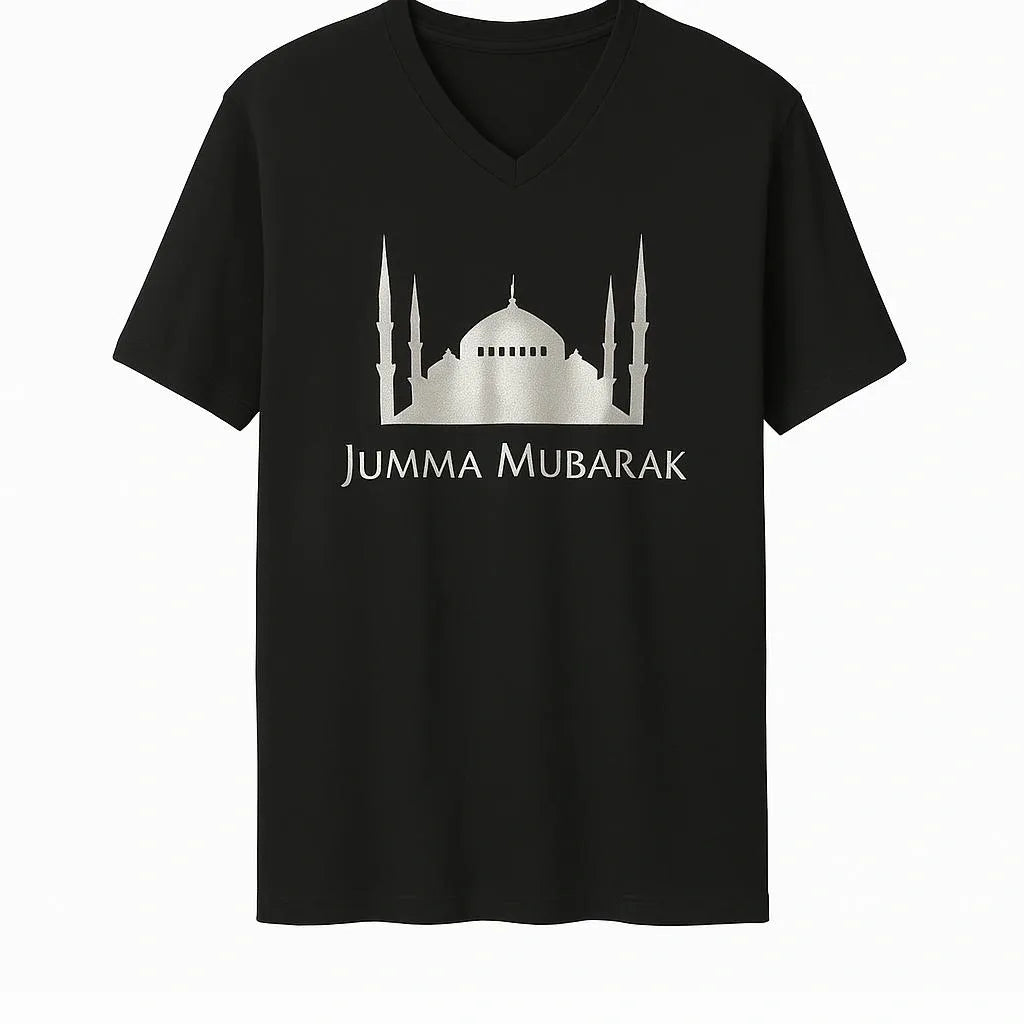 Black Jummah Mubarak Islamic graphic T-shirt with mosque silhouette design on white background