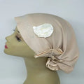 light beige turban headwrap with rhinestone design and flower detail soft stretch fabric modest headwear for women elegant full coverage turban comfortable daily wear and special occasions