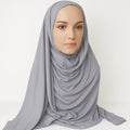 Light gray full drape khimar hijab in heavy jersey fabric with long front and back coverage, modest Islamic prayer hijab for women, soft stretch material from Affordable Hijab USA
