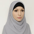 light gray hijab scarf with silver crystal embellishment, modest Islamic headscarf for women, elegant decorative Muslim hijab for prayer and special occasions