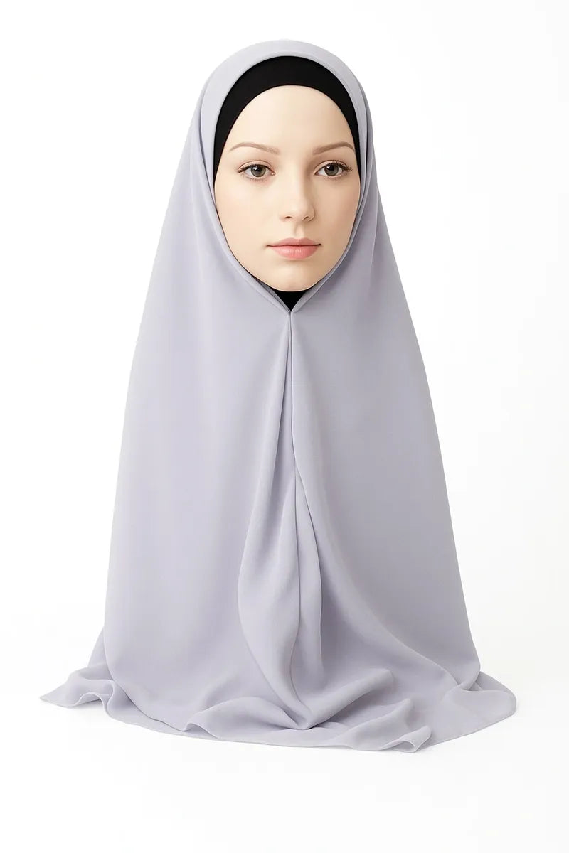 Light gray full drape khimar hijab for women, modest Islamic headwear, soft stretch prayer hijab, long coverage Muslim scarf, breathable everyday khimar for full modest coverage