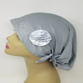 light gray turban headwrap with rhinestone design and flower detail soft stretch fabric modest headwear for women elegant full coverage turban comfortable daily wear and special occasions