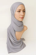 Light gray two in one chiffon hijab with attached undercap, lightweight breathable modest Islamic headscarf for women, easy slip on flowy wrap hijab from Affordable Hijab USA