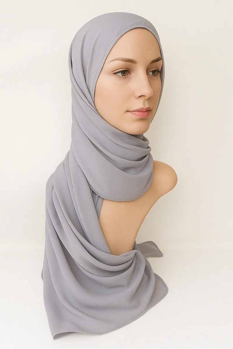 Light gray two in one chiffon hijab with attached undercap, lightweight breathable modest Islamic headscarf for women, easy slip on flowy wrap hijab from Affordable Hijab USA