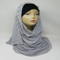light grey beaded chiffon hijab scarf lightweight breathable flowy fabric modest muslim headscarf elegant drape hijab with bead detail full coverage stylish scarf for women