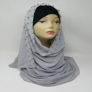 light grey beaded chiffon hijab scarf lightweight breathable flowy fabric modest muslim headscarf elegant drape hijab with bead detail full coverage stylish scarf for women