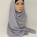 Light grey chiffon hijab scarf for women, soft lightweight modest headscarf, breathable Muslim wrap, full coverage elegant everyday styling