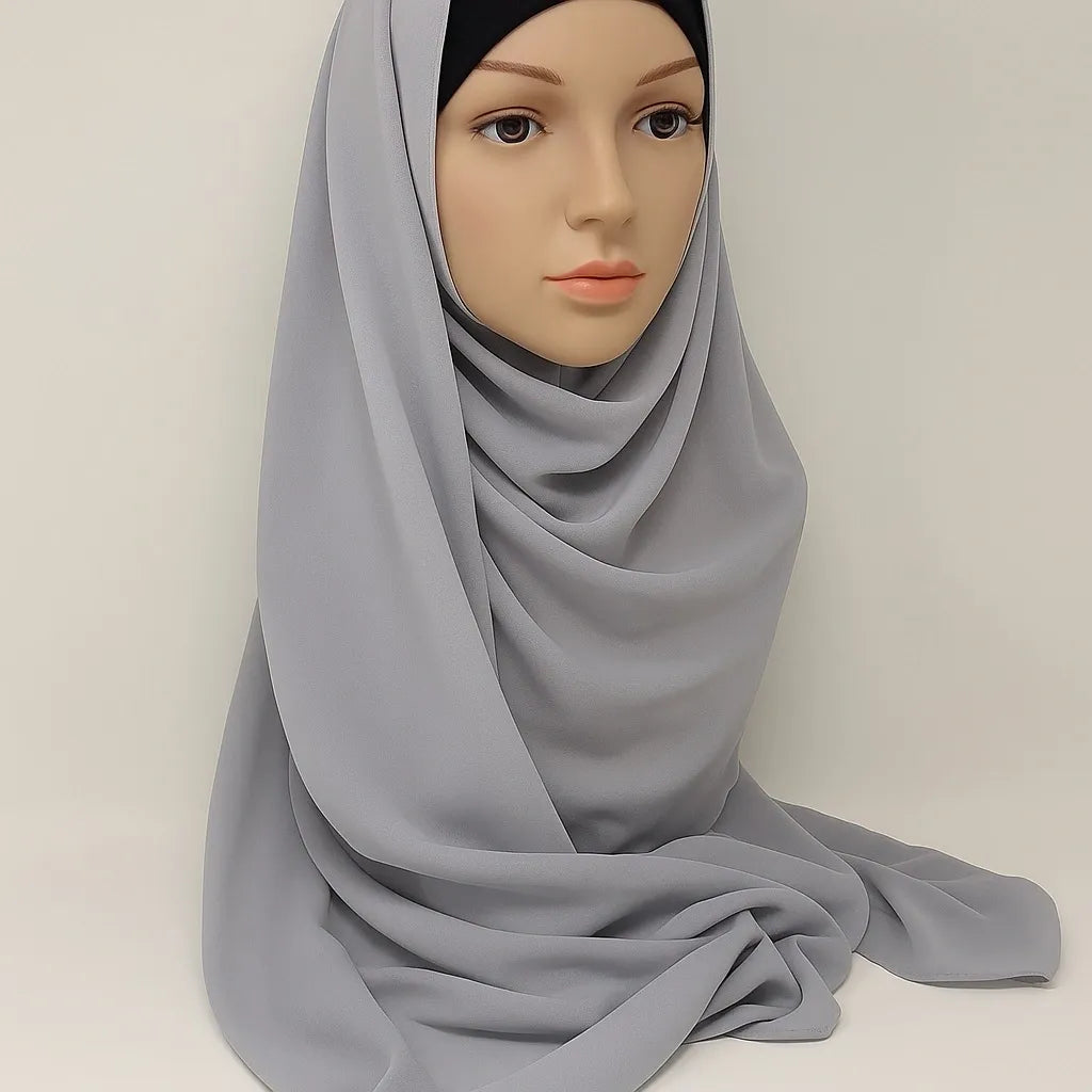 Light grey chiffon hijab scarf for women, soft lightweight modest headscarf, breathable Muslim wrap, full coverage elegant everyday styling