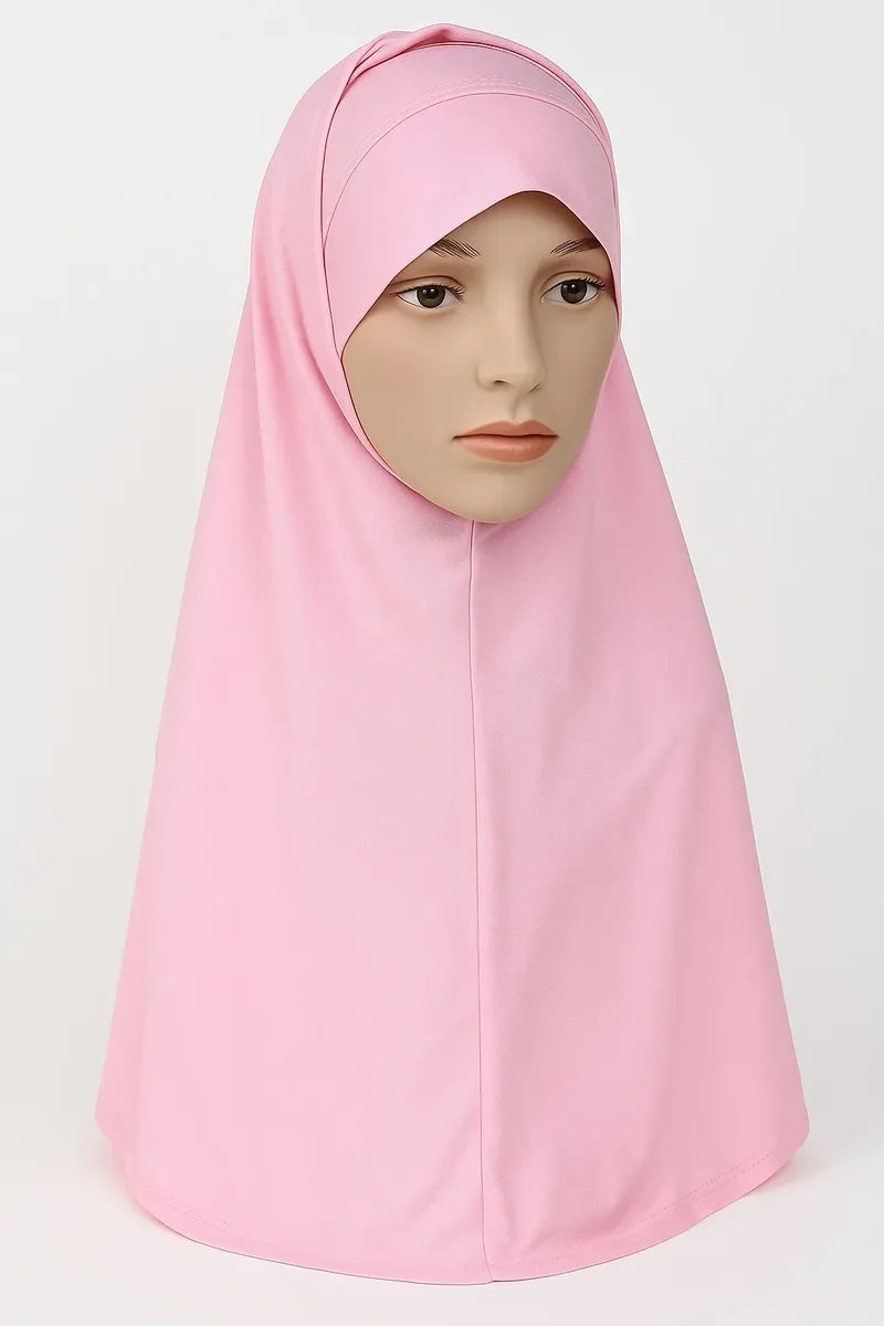 Light pink 2-piece khimar hijab set in heavy jersey fabric with full drape coverage and stretch undercap, modest Muslim women headwear, soft long flowing khimar scarf for prayer, daily wear, and modest fashion styling