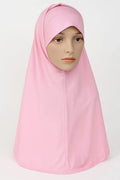 Light pink 2-piece khimar hijab set in heavy jersey fabric with full drape coverage and stretch undercap, modest Muslim women headwear, soft long flowing khimar scarf for prayer, daily wear, and modest fashion styling