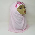 light pink two-piece hijab with inner cap full coverage modest headscarf soft stretch fabric floral detail instant hijab Muslim women daily wear breathable comfortable modest fashion